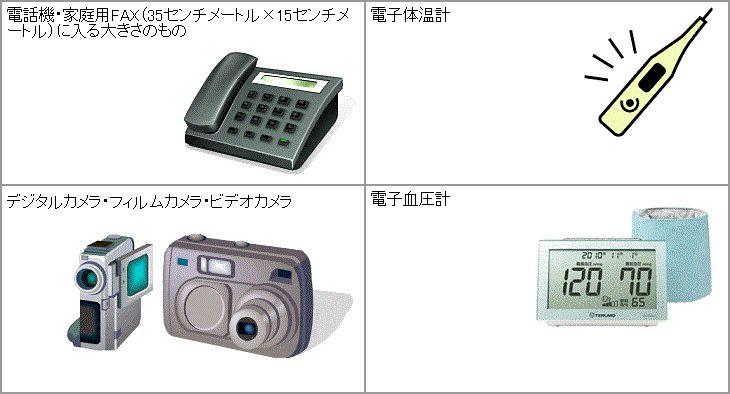 電話機・家庭用FAX（35センチメートル×15センチメートル）に入る大きさのもの、電子体温計、デジタルカメラ・フィルムカメラ・ビデオカメラ、電子血圧計