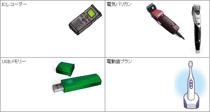 ICレコーダー、電気バリカン、USBメモリー、電動歯ブラシ