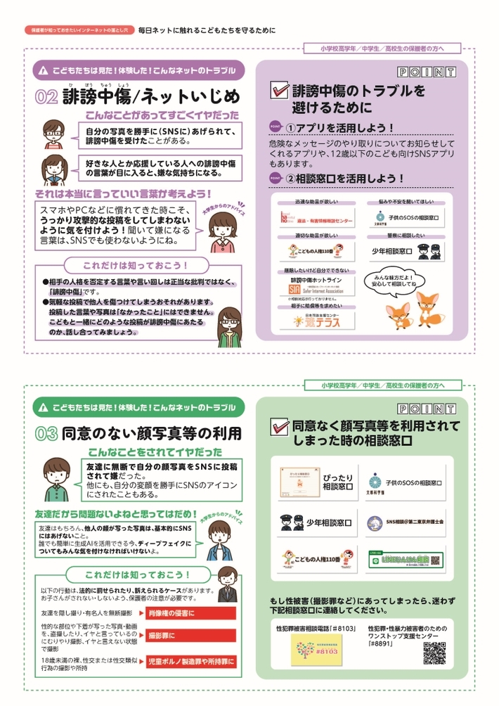 2誹謗中傷・ネットいじめ　3同意のない顔写真等の利用