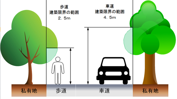 歩道の建築限界は2.5メートル、車道の建築限界は4.5メートルを説明した図