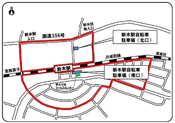 新木駅周辺の自転車放置禁止区域図