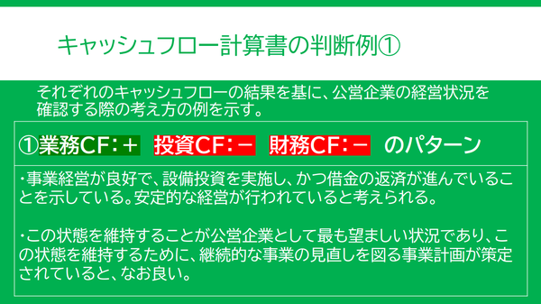 キャッシュフロー計算書の判断例その1。業務がプラス投資がマイナス財務がマイナスのパターン。公営企業としては最も理想的なパターン。