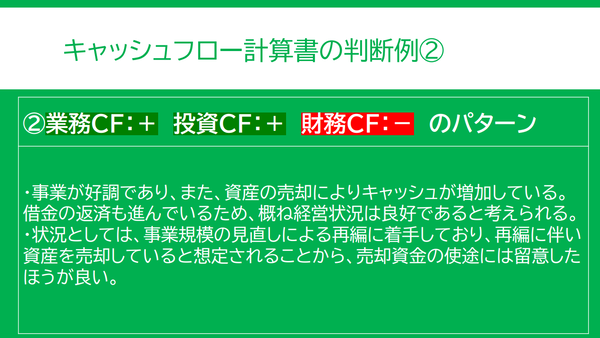 キャッシュフロー計算書の判断例その2。業務がプラス投資がプラス財務がマイナスのパターン。経営状況はおおむね良好なパターン。