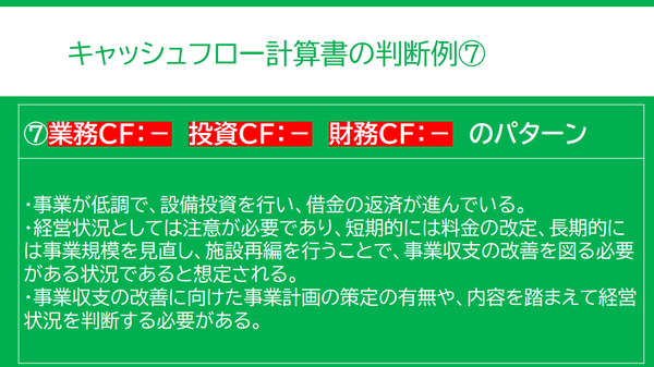 キャッシュフロー計算書の判断例その7。業務、投資、財務がマイナスのパターン。経営状況が悪く、経営改善が必要なパターン。