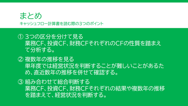 キャッシュフロー計算書の見かたのまとめ。経営状況を把握するためには、キャッシュフロー計算書の3つの区分の増減をそれぞれ確認し、複数年の推移をみて、3つのキャッシュフローの結果を複合的に見る必要がある。