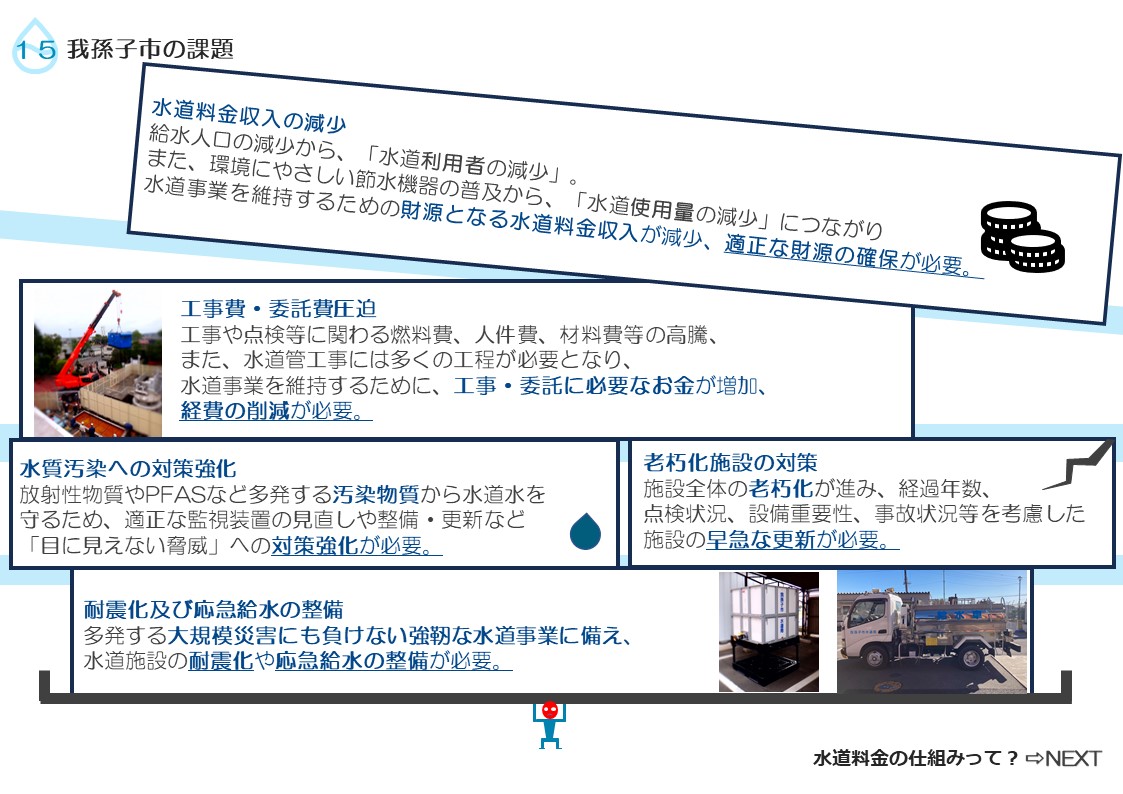 水道料金の減少による適正な財源の確保、工事などの費用の圧迫により経費削減が必要、見えない水質汚染への脅威から対策の強化、老朽化施設の早急な更新、災害に負けない耐震化や応急給水の整備など課題が山積みです