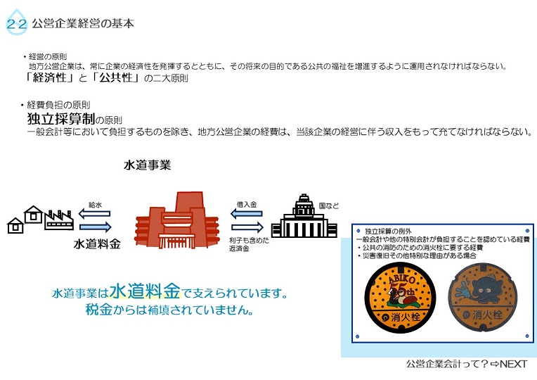水道事業は独立採算制の原則のもと水道料金のみで支えられています。税金などの補填はされていません。の説明