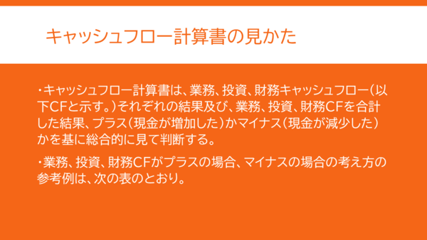キャッシュフロー計算書の見かたについての説明。業務、投資、財務キャッシュフローのそれぞれのキャッシュフローの増減結果と合計の結果を総合的に判断する。