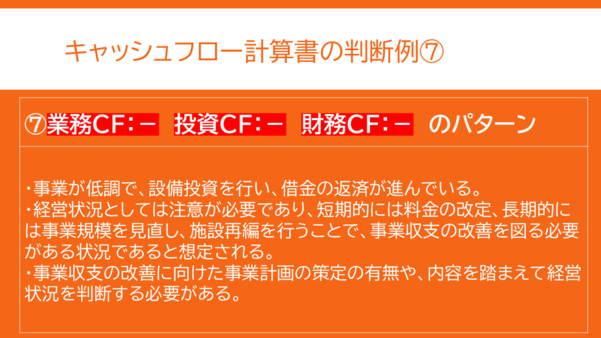 キャッシュフロー計算書の判断例その7。業務、投資、財務がマイナスのパターン。経営状況が悪く、経営改善が必要なパターン。