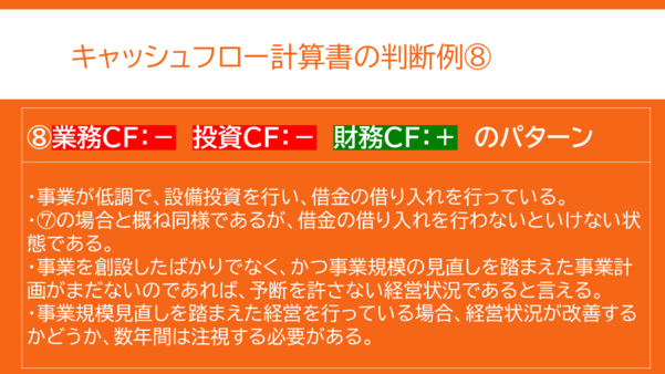 キャッシュフロー計算書の判断例その8。業務がマイナス、投資がマイナス、財務がプラスのパターン。経営状況が悪く、借り入れも行っており、早急な経営改善が必要なパターン。