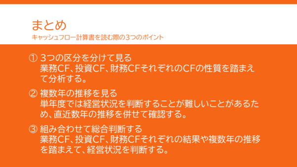 キャッシュフロー計算書の見かたのまとめ。経営状況を把握するためには、3つのキャッシュフローの増減をそれぞれ確認し、複数年の推移をみて、3つのキャッシュフローの結果を複合的に見る必要がある。